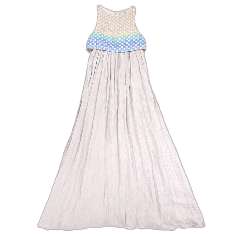 MARA HOFFMAN Linen Layered Beaded Maxi Dress Rainbow Beachy Resort Boho Cream 0